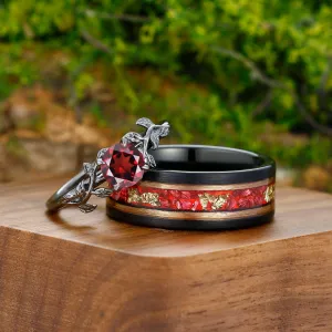 0.8CT Round Cut Natural Red Garnet Leaf Engagement Couples Ring Set