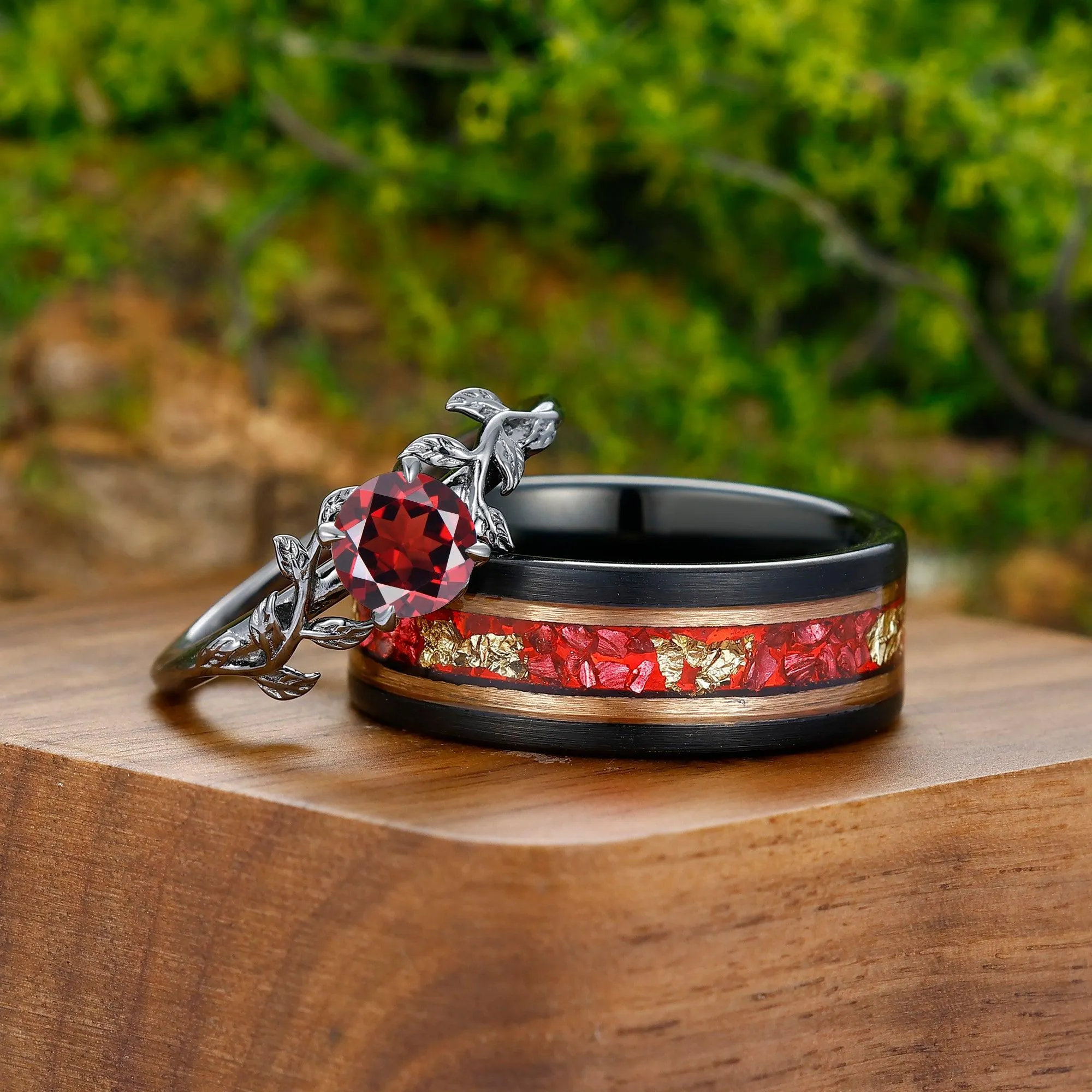 0.8CT Round Cut Natural Red Garnet Leaf Engagement Couples Ring Set