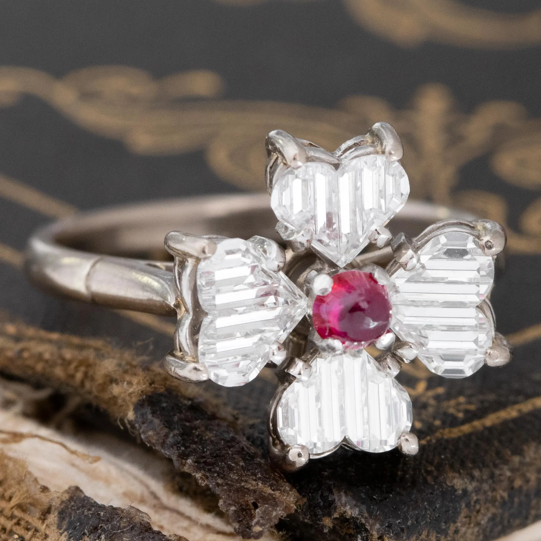 1.02ctw Carved Heart Cut Diamond & Ruby Ring