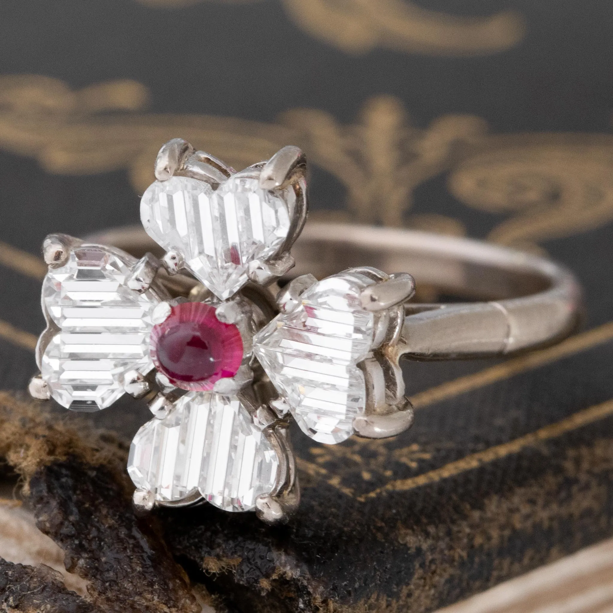 1.02ctw Carved Heart Cut Diamond & Ruby Ring