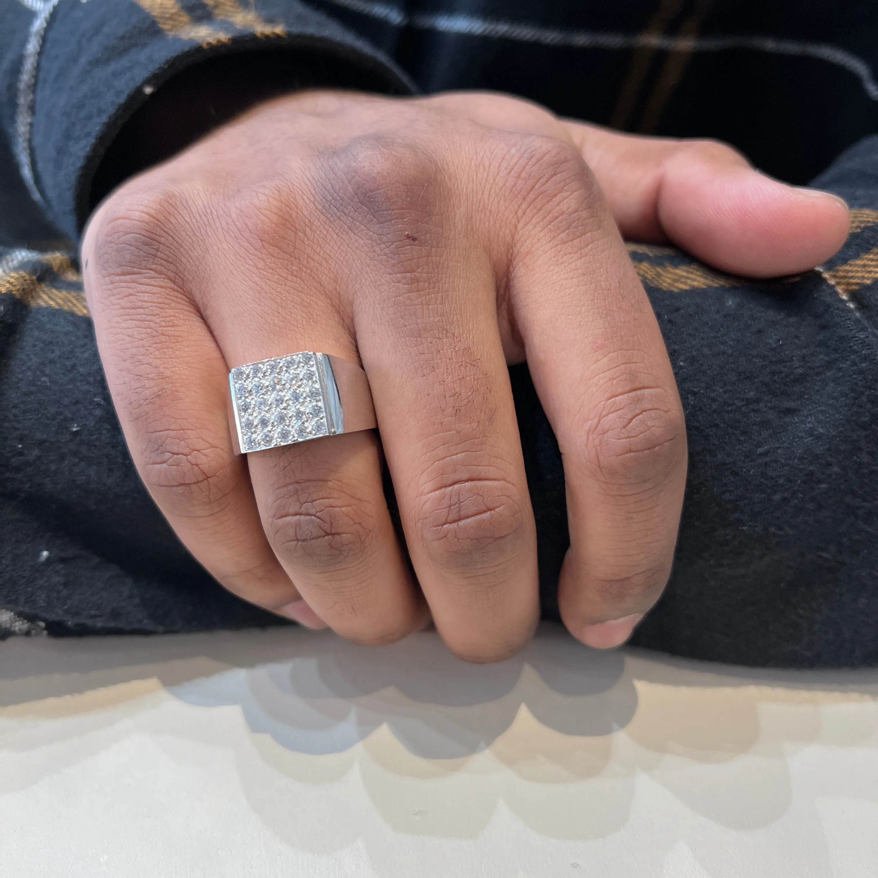 10K White Gold Mens Pavee Set CZ Ring