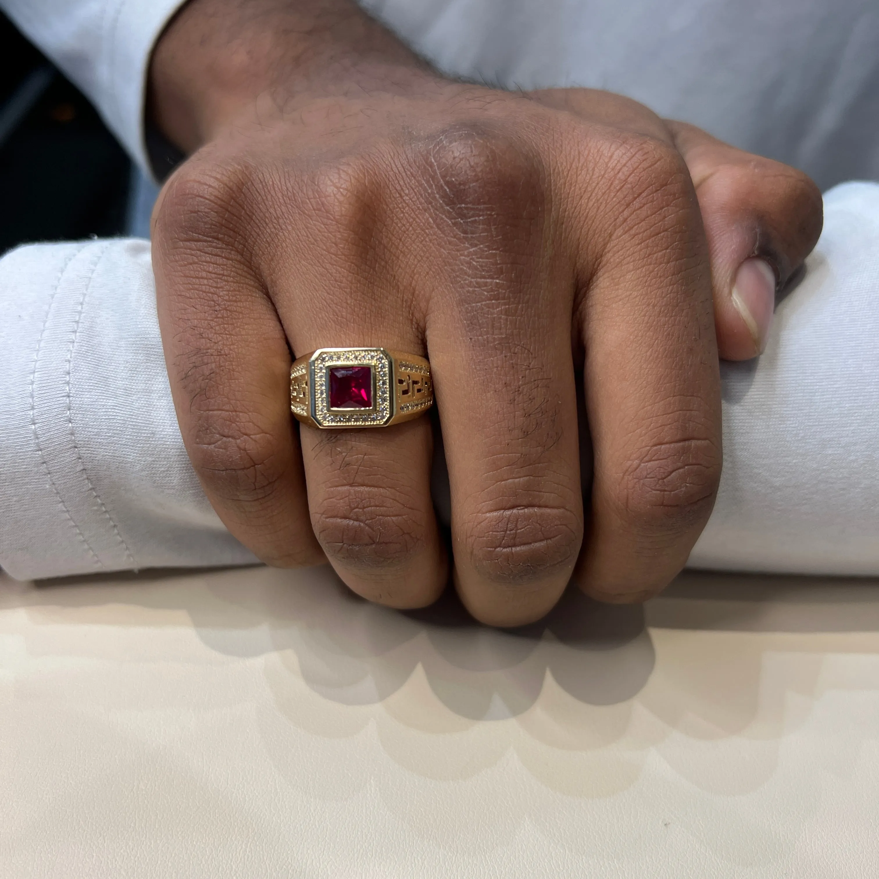 10K Yellow Gold Red and White CZ Men's Ring