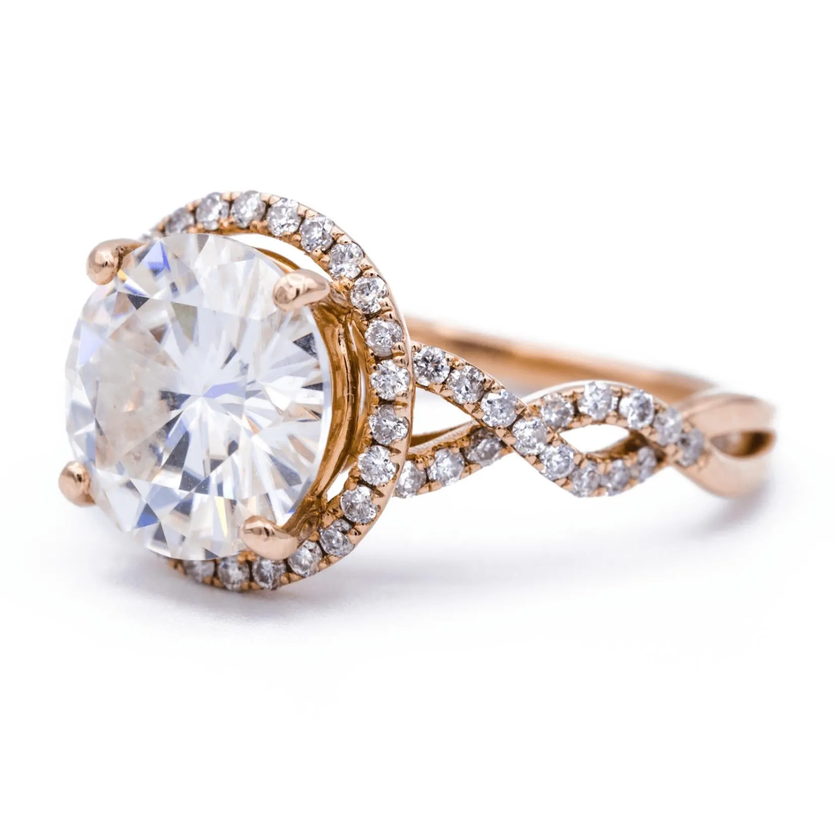 10mm Round Center 14K Rose Gold Infinite Band Halo MicroPave Diamond Ring