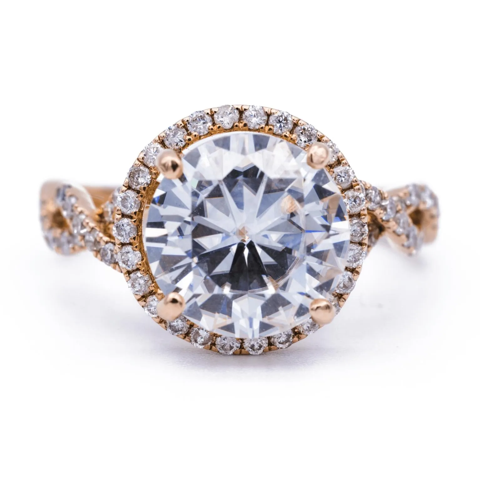 10mm Round Center 14K Rose Gold Infinite Band Halo MicroPave Diamond Ring