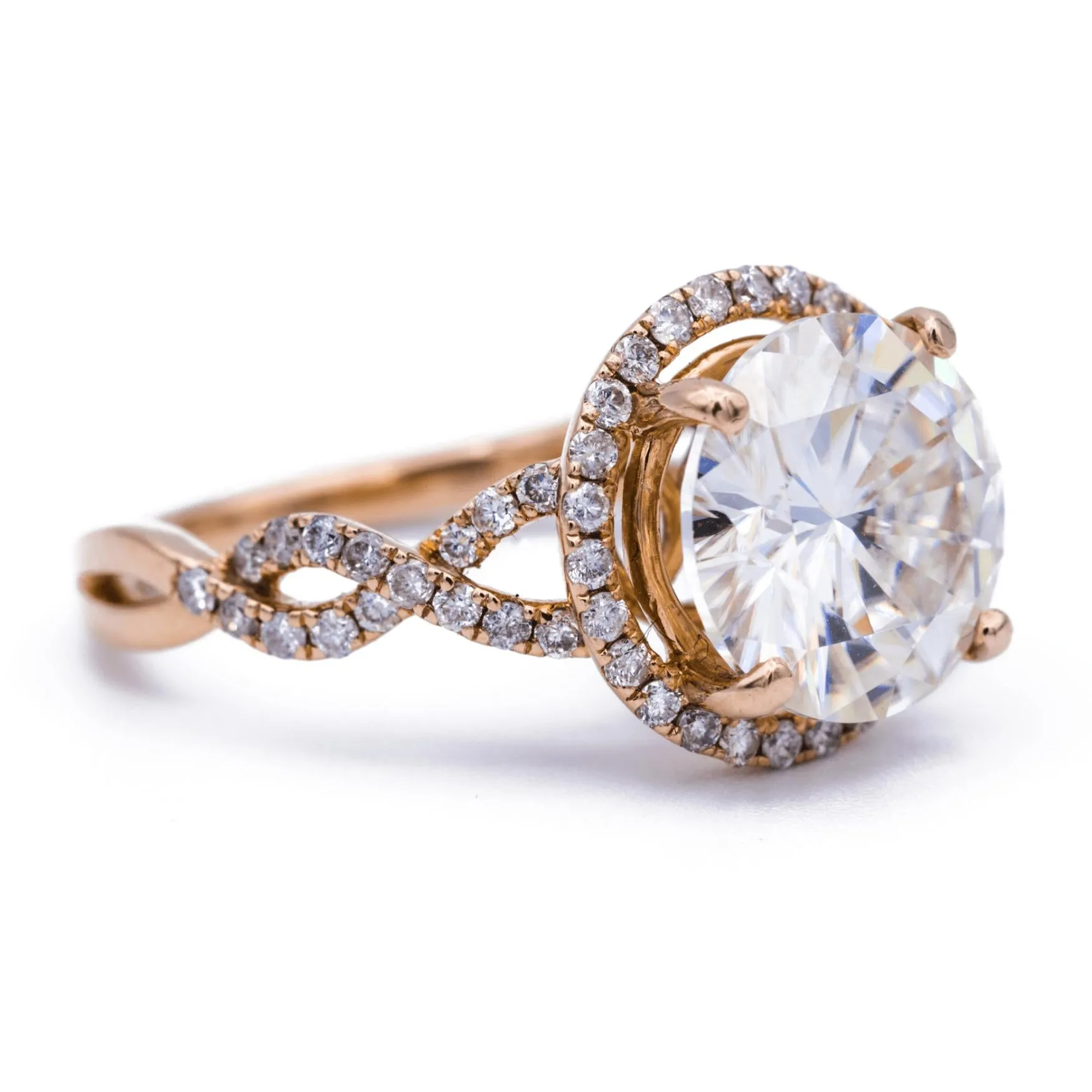 10mm Round Center 14K Rose Gold Infinite Band Halo MicroPave Diamond Ring