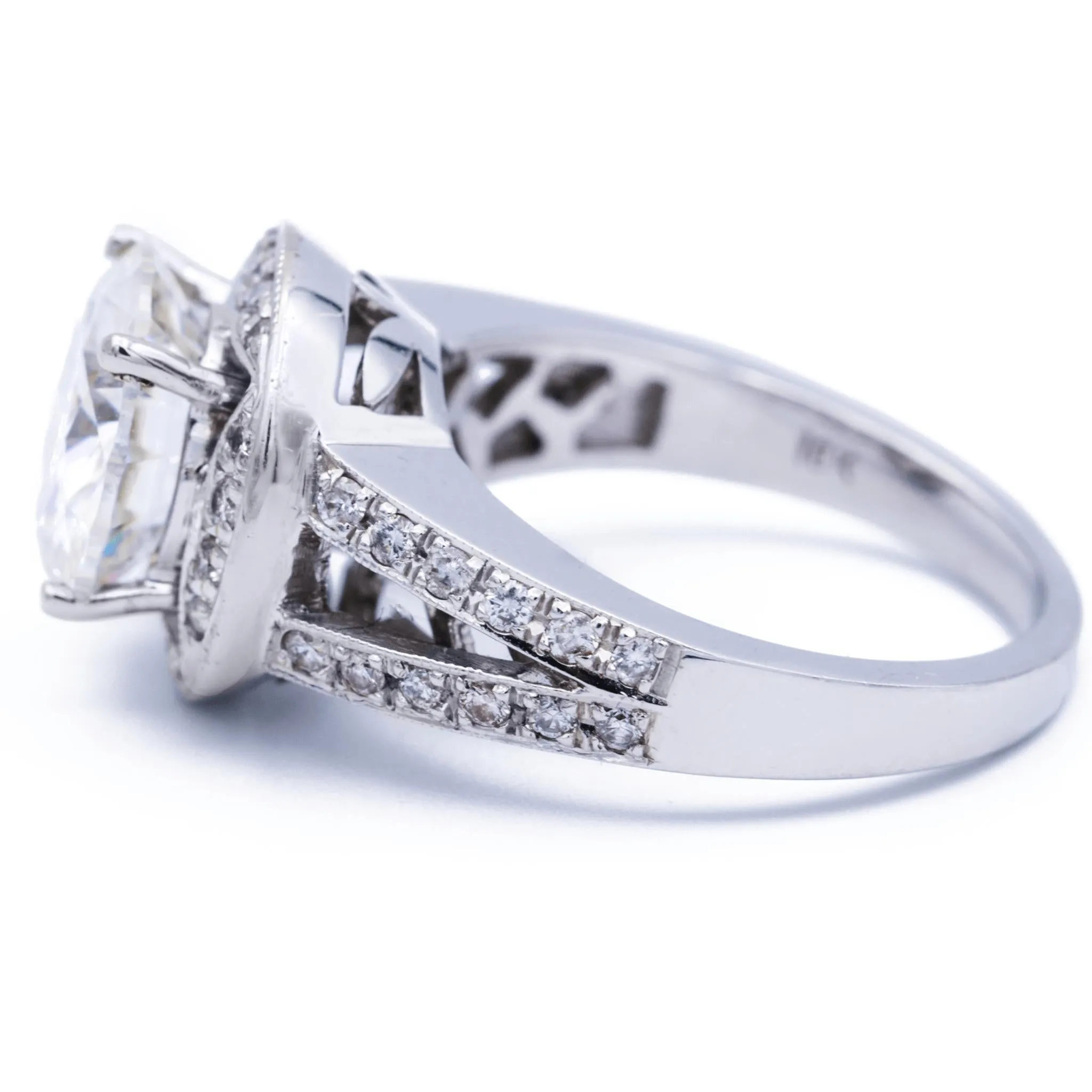 10mm Round Center and Diamond Halo and Split Shank Thick 18K White Gold Ring