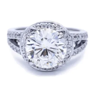 10mm Round Center and Diamond Halo and Split Shank Thick 18K White Gold Ring