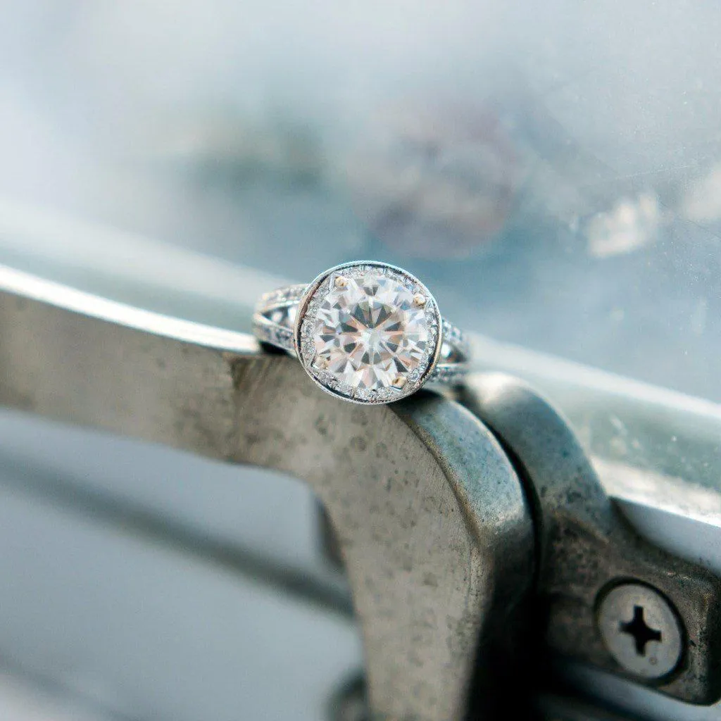10mm Round Center and Diamond Halo and Split Shank Thick 18K White Gold Ring