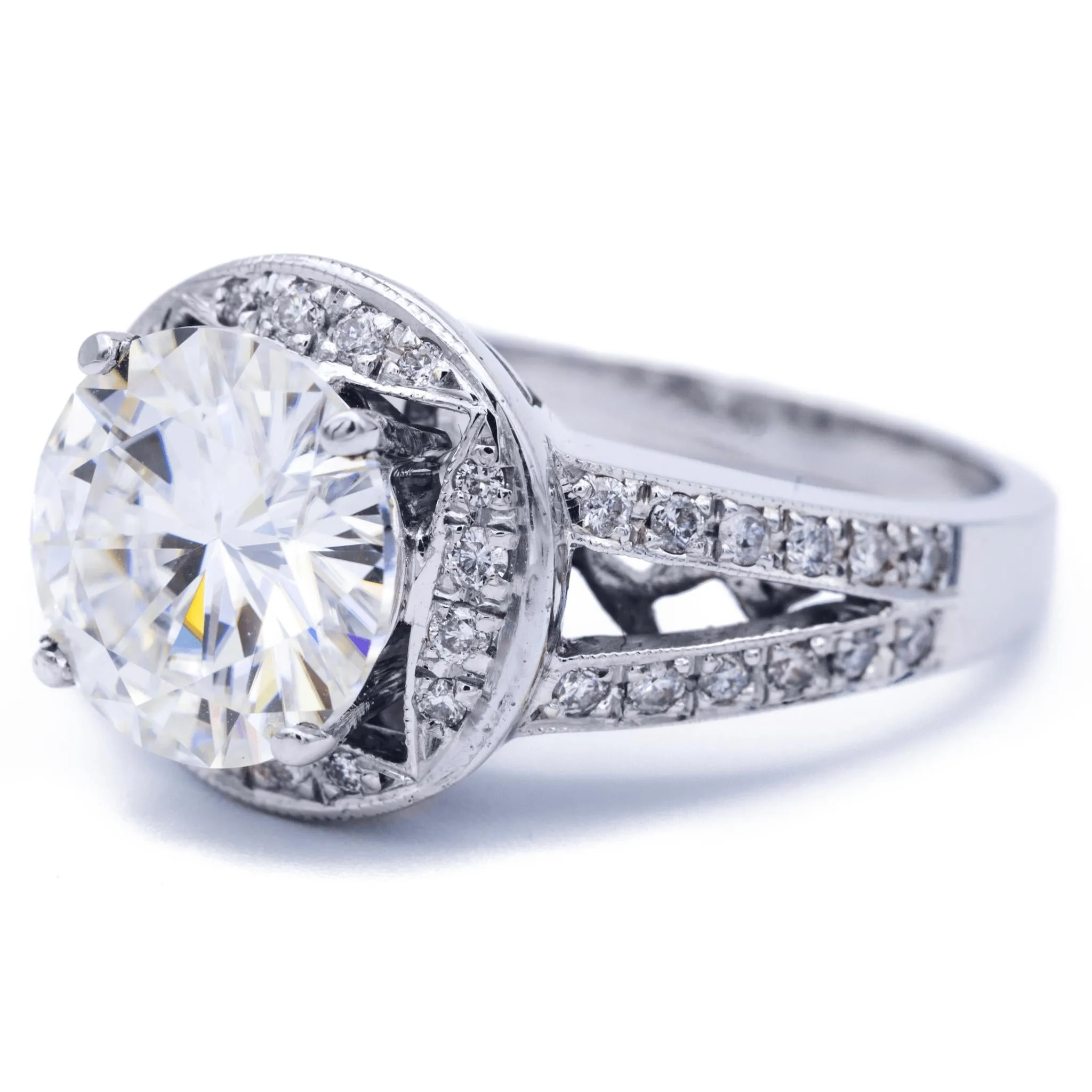 10mm Round Center and Diamond Halo and Split Shank Thick 18K White Gold Ring