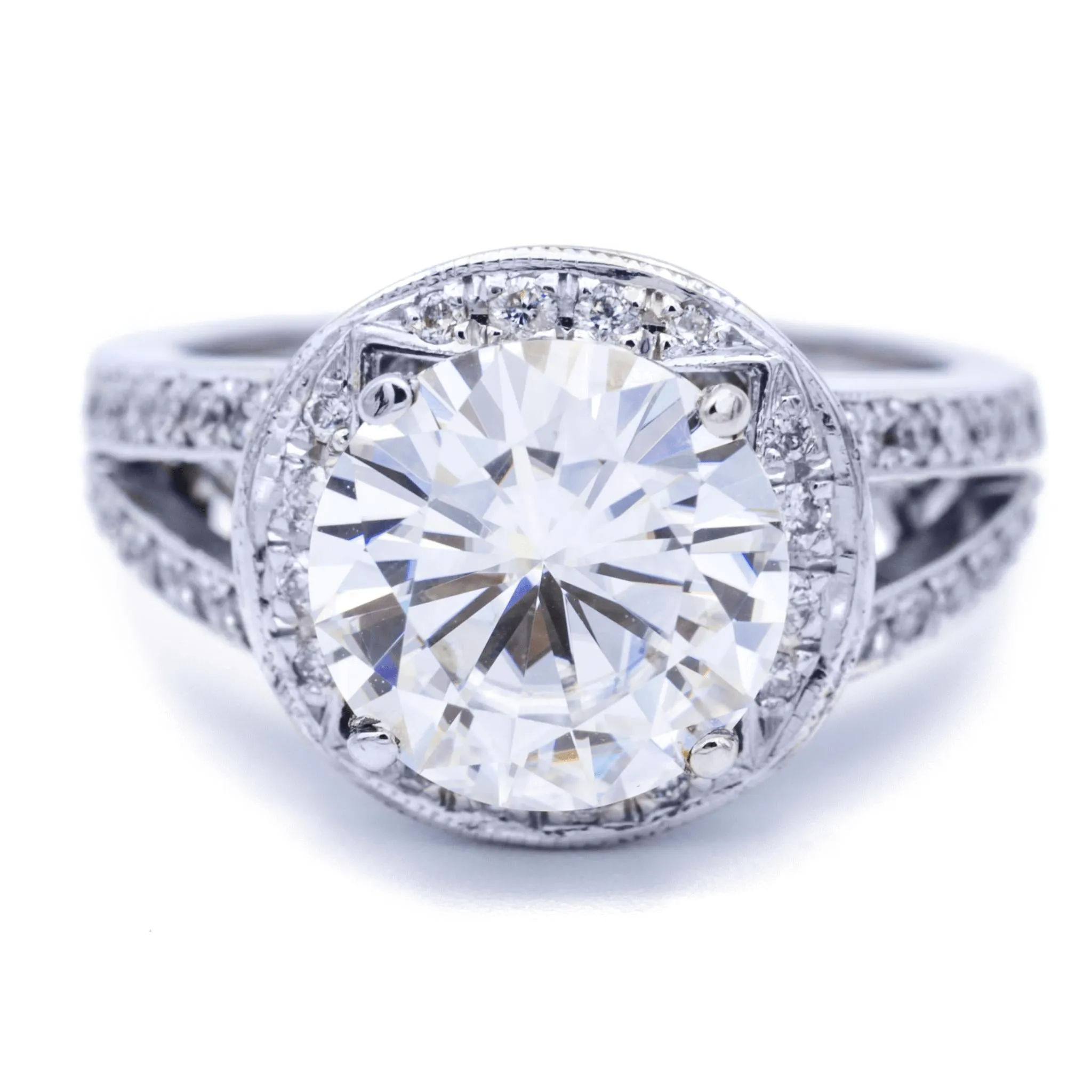 10mm Round Center and Diamond Halo and Split Shank Thick 18K White Gold Ring