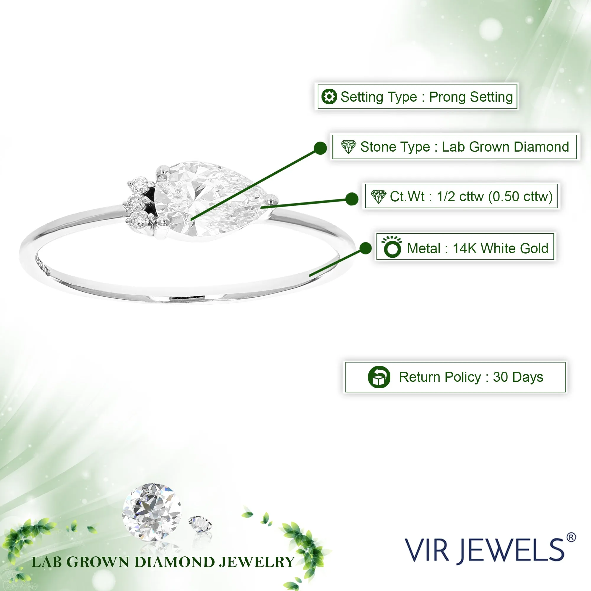 1/2 cttw Wedding Engagement Ring for Women, Round Lab Grown Diamond Ring in 14K White Gold, Prong Setting