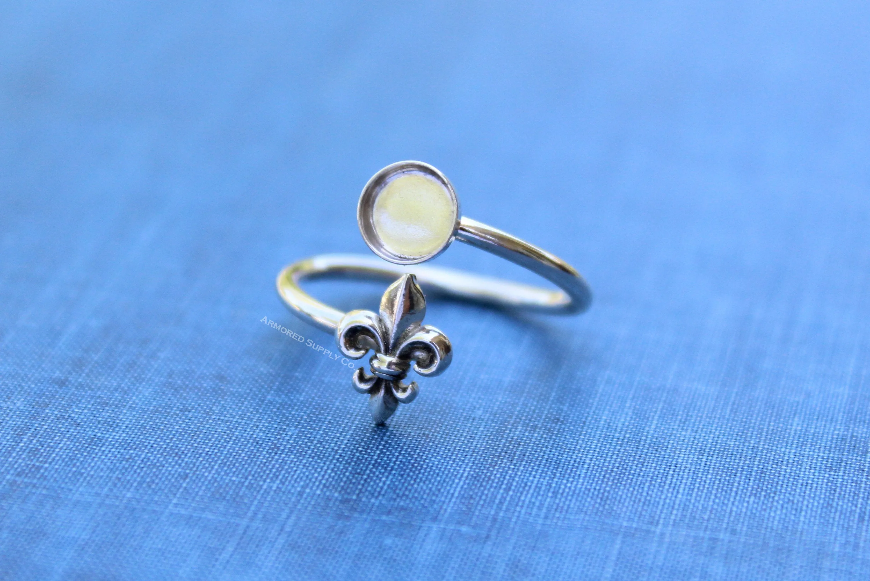 12mm Bezel Silver Fleur De Lis Wrap Adjustable Ring blank