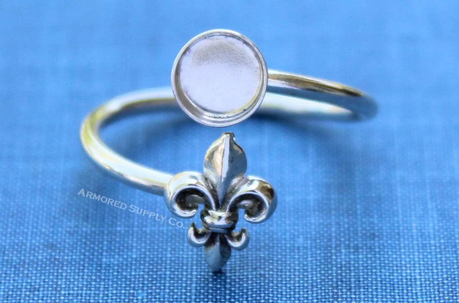 12mm Bezel Silver Fleur De Lis Wrap Adjustable Ring blank