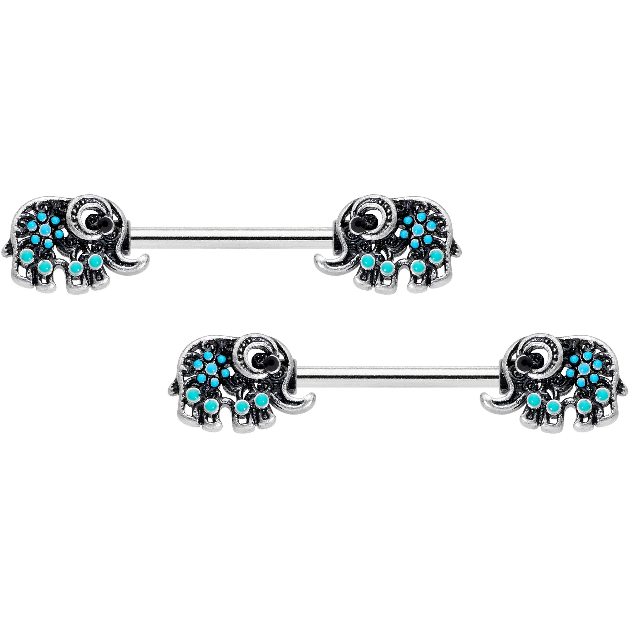 14 Gauge 9/16 Aqua Orb Curvy Elephant Barbell Nipple Ring Set