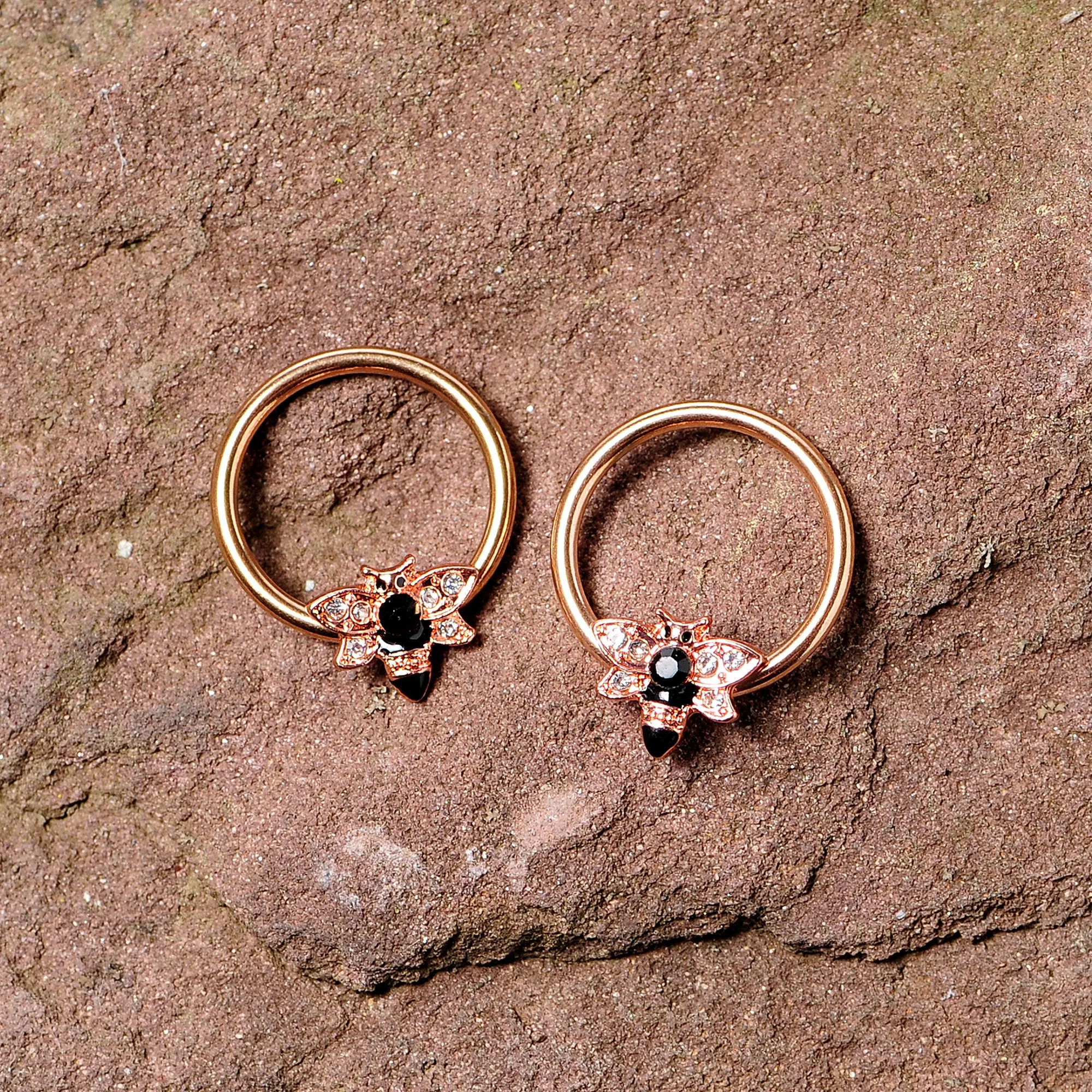 14 Gauge 9/16 Black Clear Gem Rose Gold Tone Bee BCR Nipple Ring Set