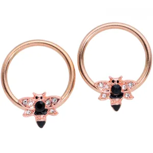 14 Gauge 9/16 Black Clear Gem Rose Gold Tone Bee BCR Nipple Ring Set
