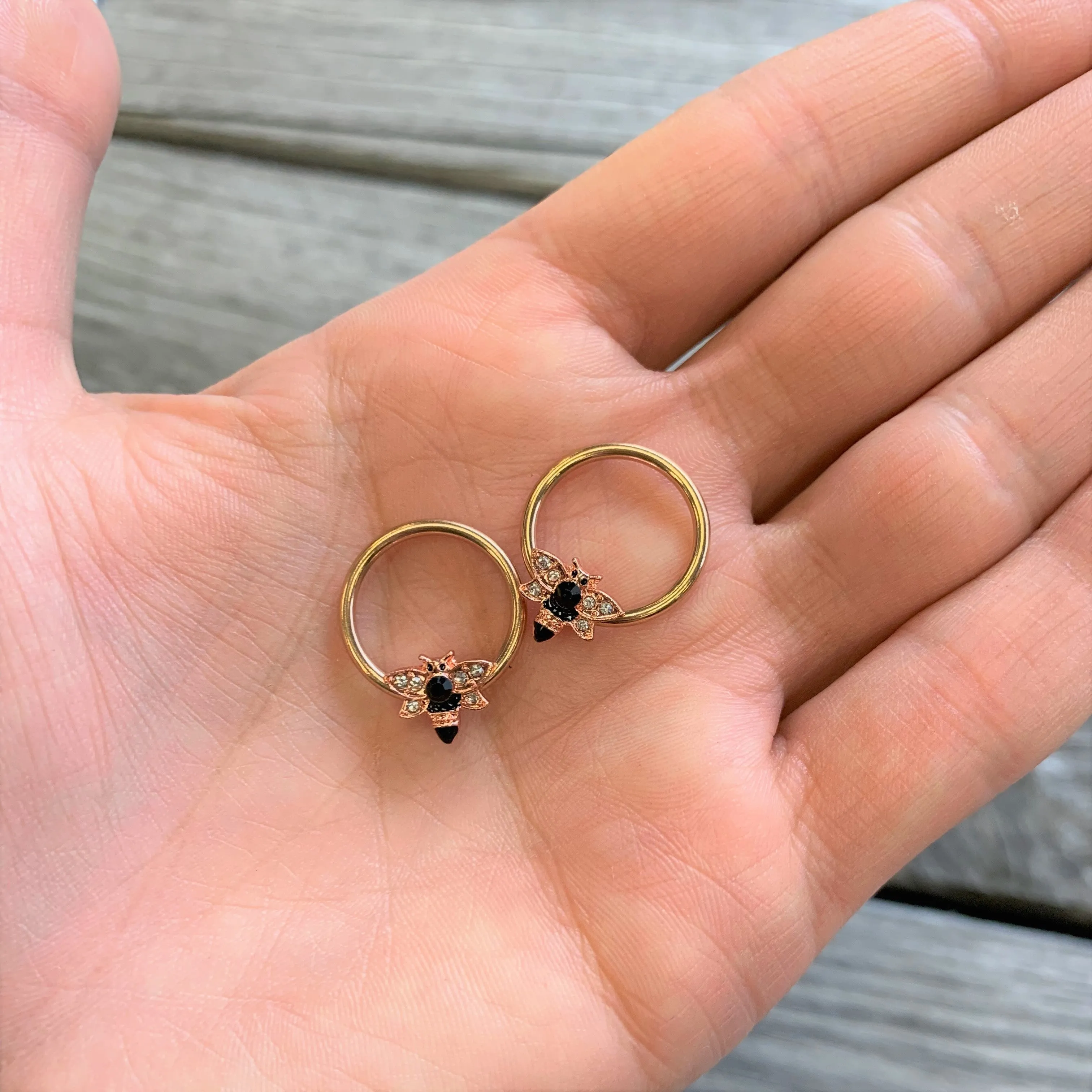 14 Gauge 9/16 Black Clear Gem Rose Gold Tone Bee BCR Nipple Ring Set