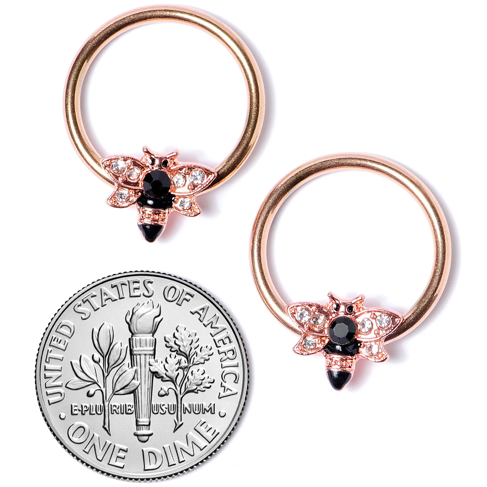 14 Gauge 9/16 Black Clear Gem Rose Gold Tone Bee BCR Nipple Ring Set