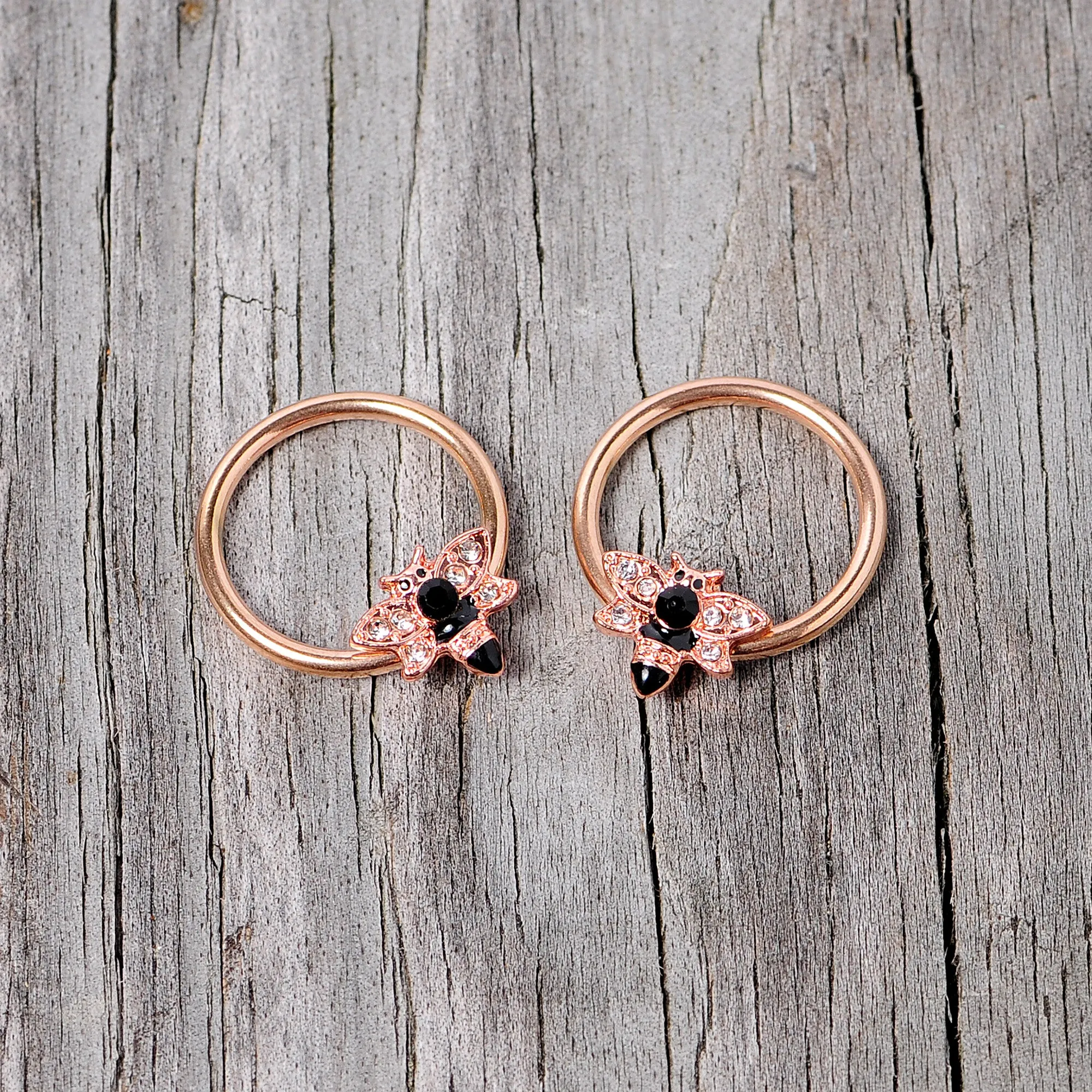 14 Gauge 9/16 Black Clear Gem Rose Gold Tone Bee BCR Nipple Ring Set