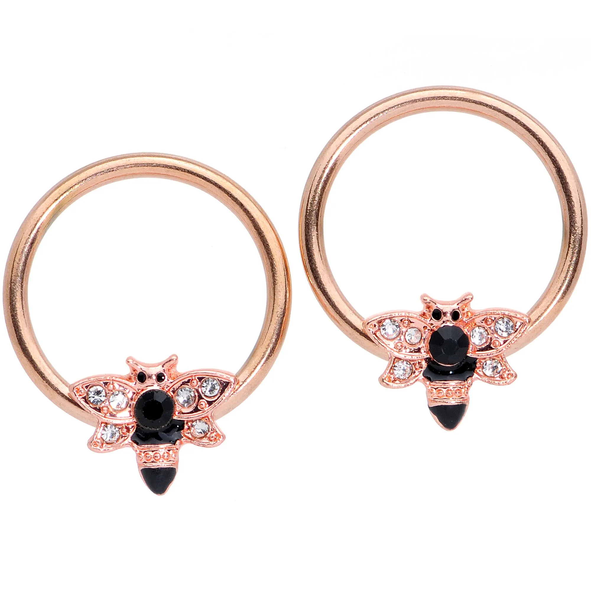 14 Gauge 9/16 Black Clear Gem Rose Gold Tone Bee BCR Nipple Ring Set