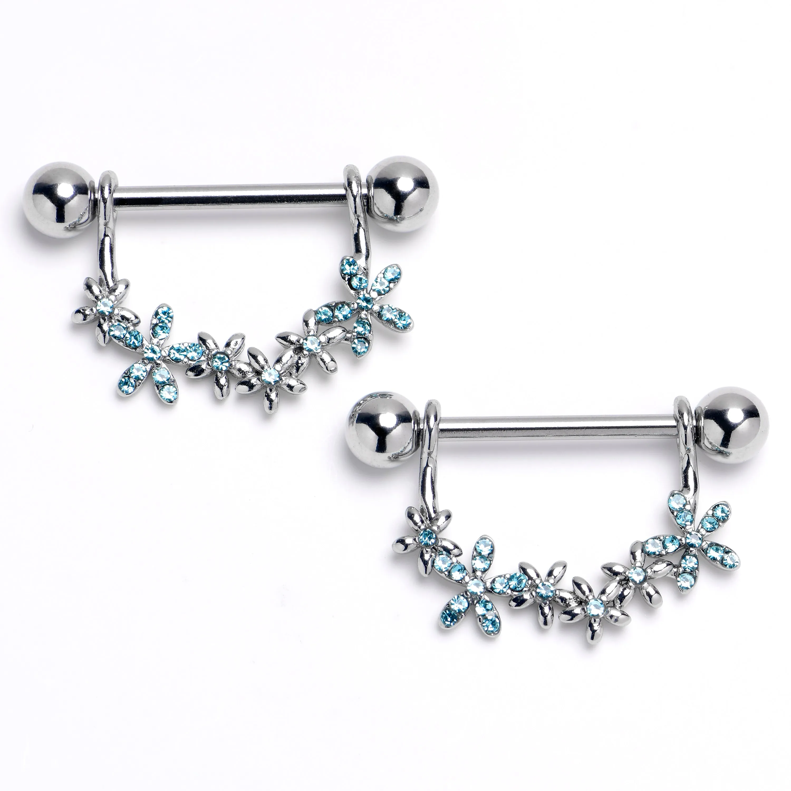 14 Gauge 9/16 Blue CZ Gem Flower Chain Dangle Nipple Ring Set