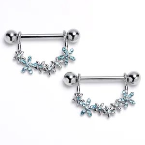 14 Gauge 9/16 Blue CZ Gem Flower Chain Dangle Nipple Ring Set