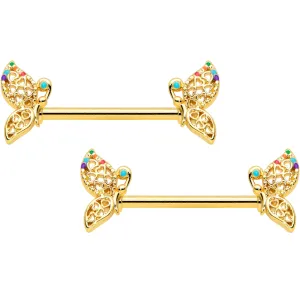 14 Gauge 9/16 Clear CZ Gem Gold Tone Heart Butterfly Nipple Ring Set