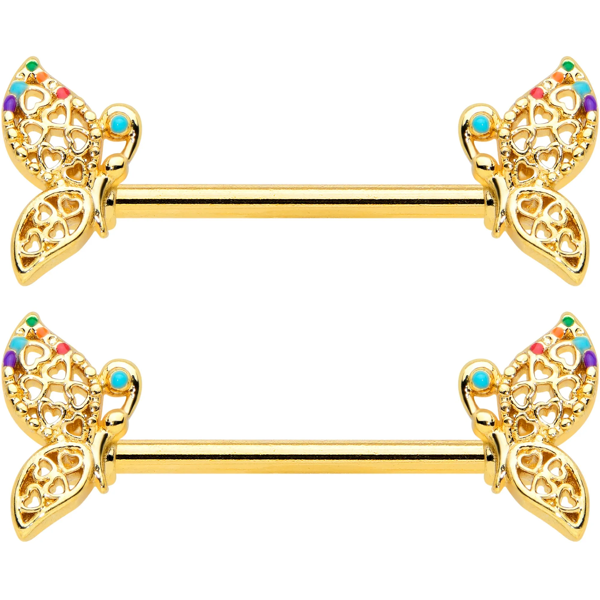 14 Gauge 9/16 Clear CZ Gem Gold Tone Heart Butterfly Nipple Ring Set