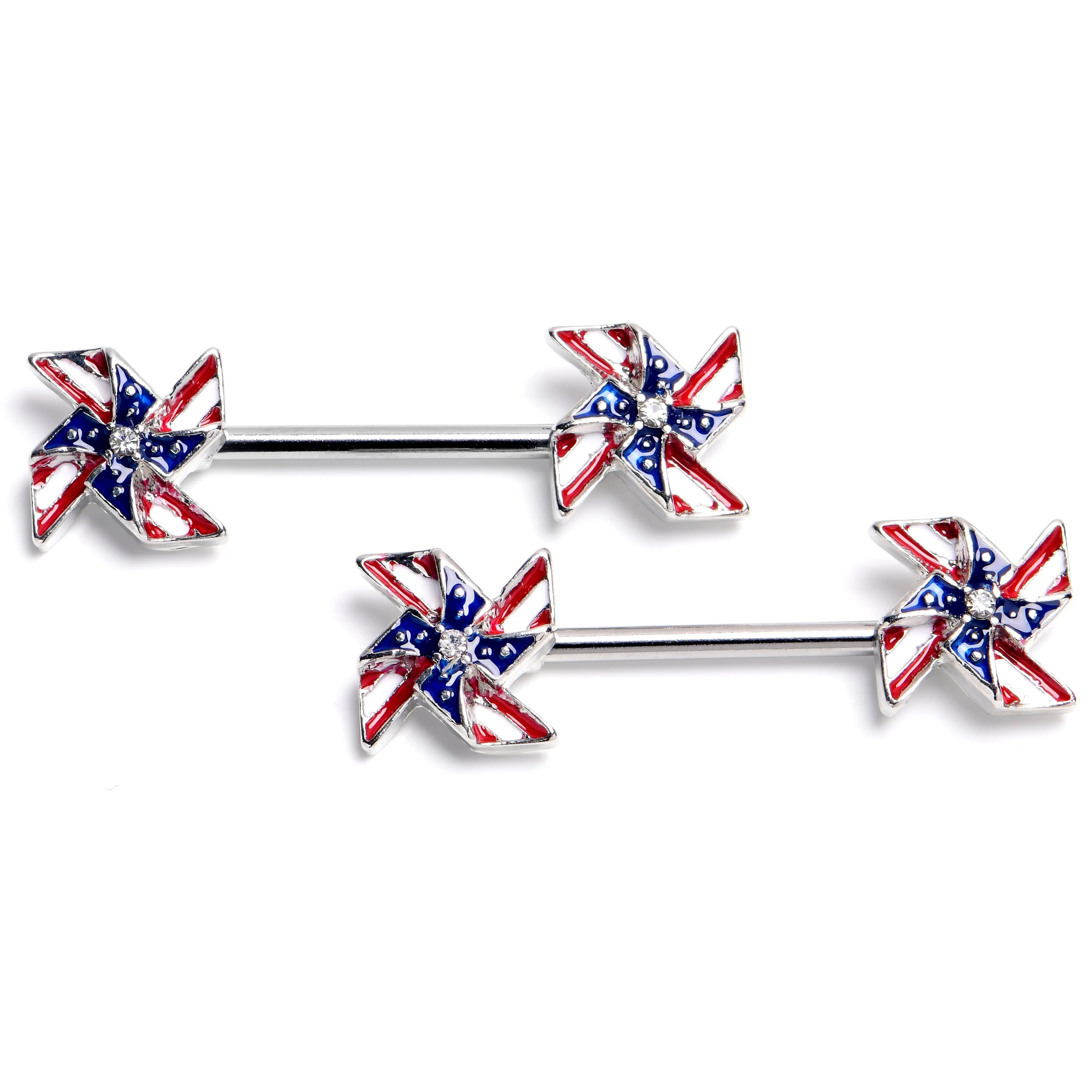 14 Gauge 9/16 Clear Gem Festive Patriot Pinwheel Barbell Nipple Ring Set
