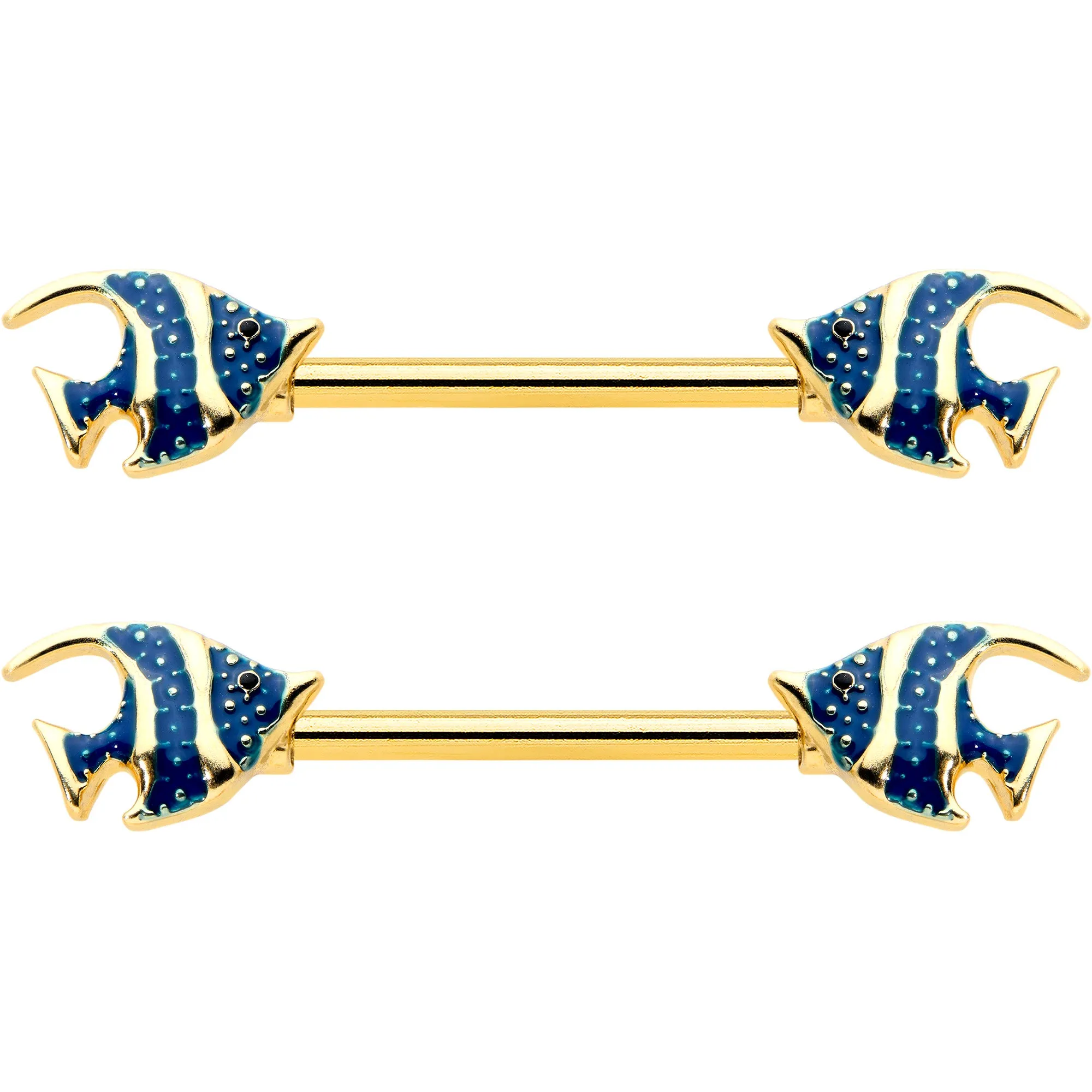 14 Gauge 9/16 Gold Tone Blue Stripe Adorable Angelfish Nipple Ring Set