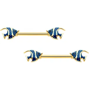14 Gauge 9/16 Gold Tone Blue Stripe Adorable Angelfish Nipple Ring Set