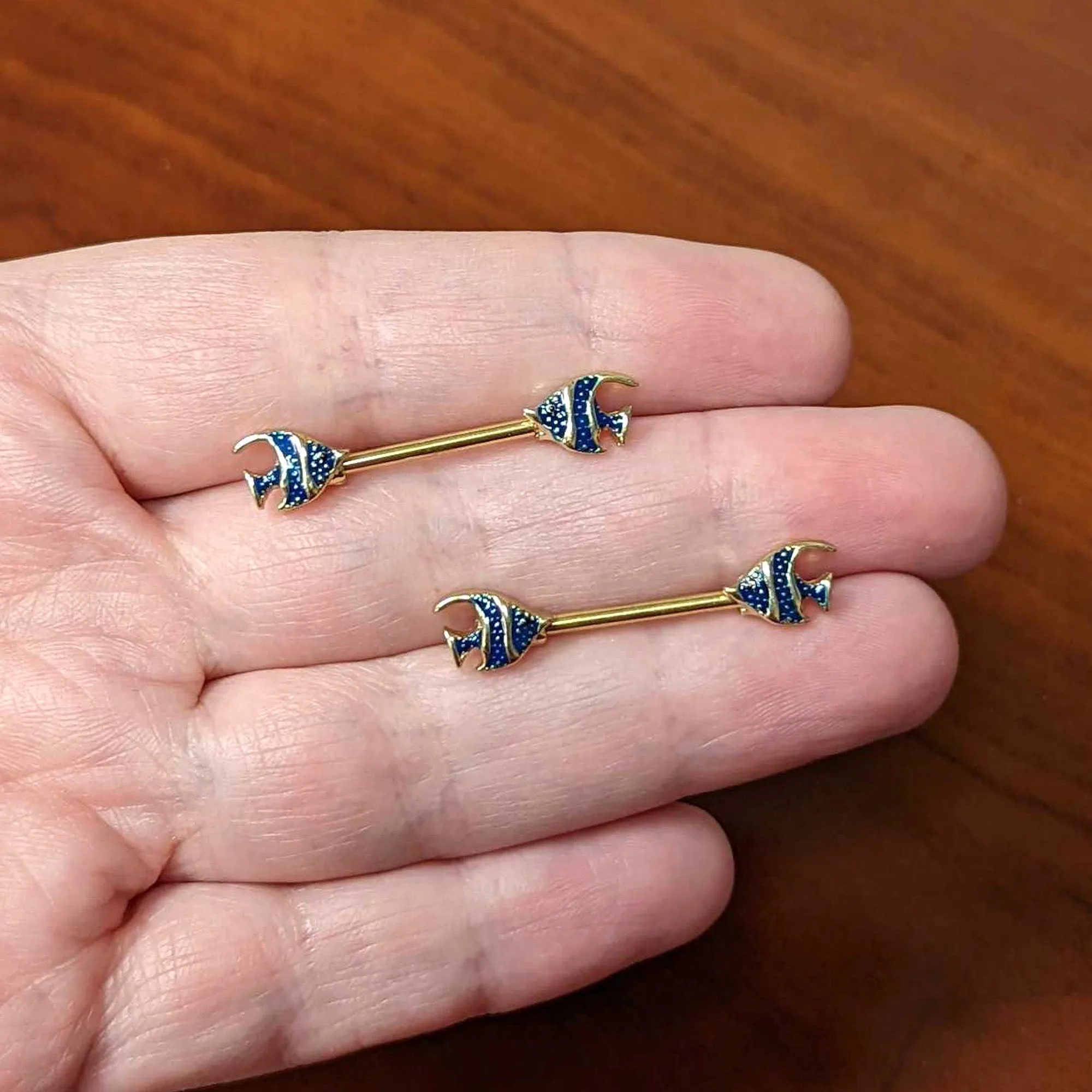 14 Gauge 9/16 Gold Tone Blue Stripe Adorable Angelfish Nipple Ring Set