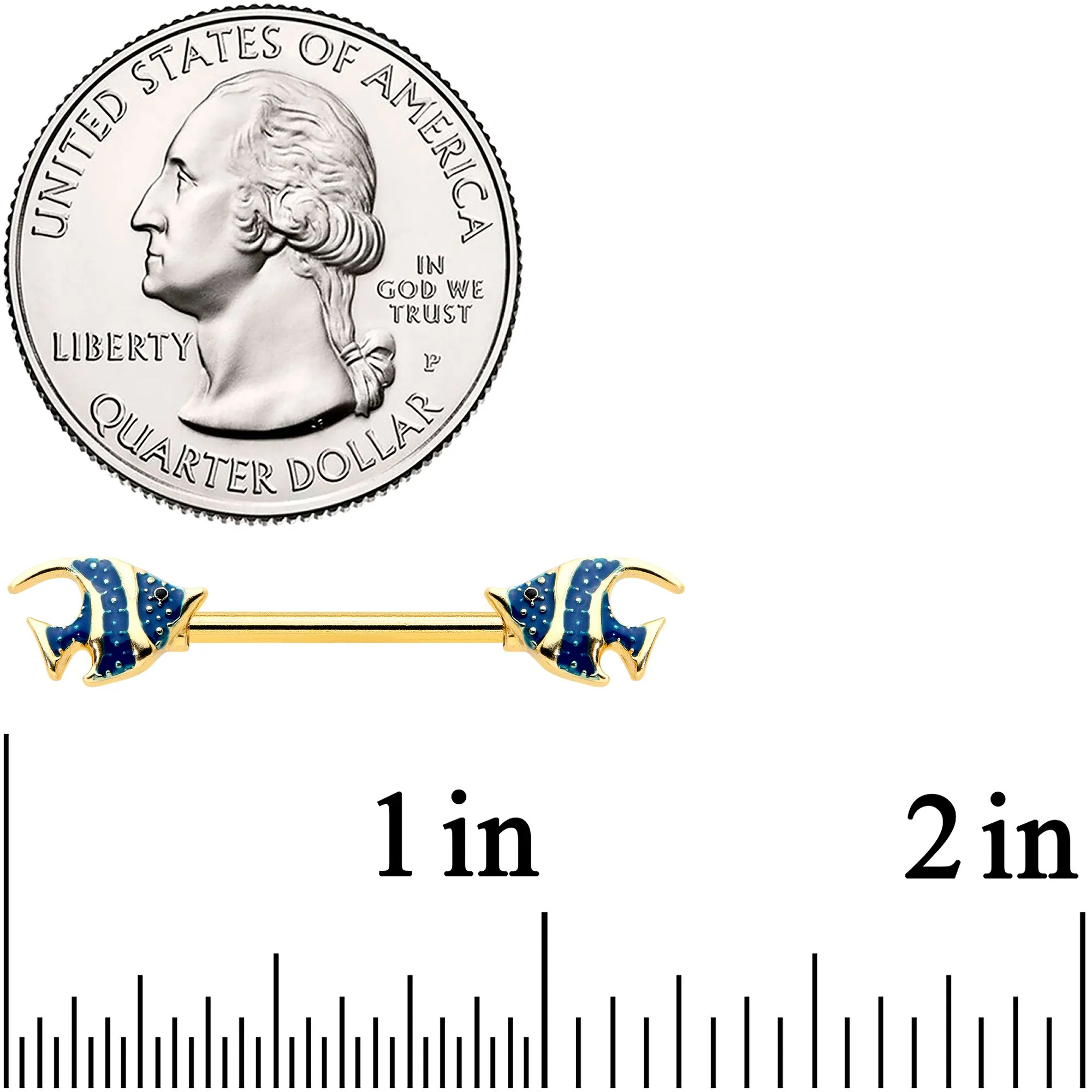 14 Gauge 9/16 Gold Tone Blue Stripe Adorable Angelfish Nipple Ring Set