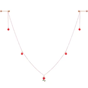 14 Gauge 9/16 Gold Tone Red Flower Valentine Dangle Nipple Chain