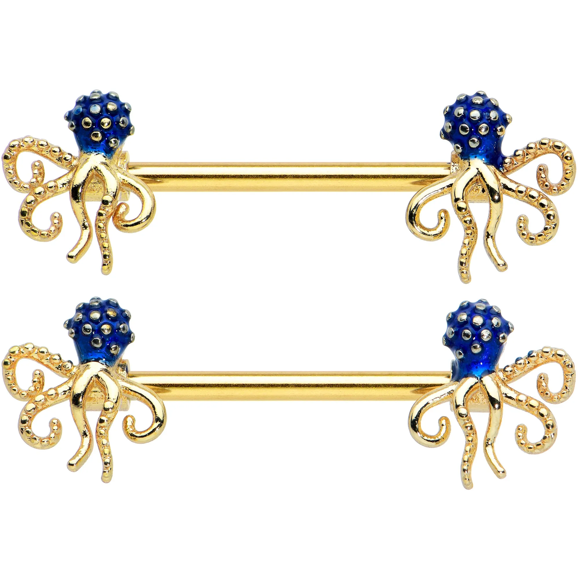 14 Gauge 9/16 Gold Tone Textured Blue Octopus Barbell Nipple Ring Set