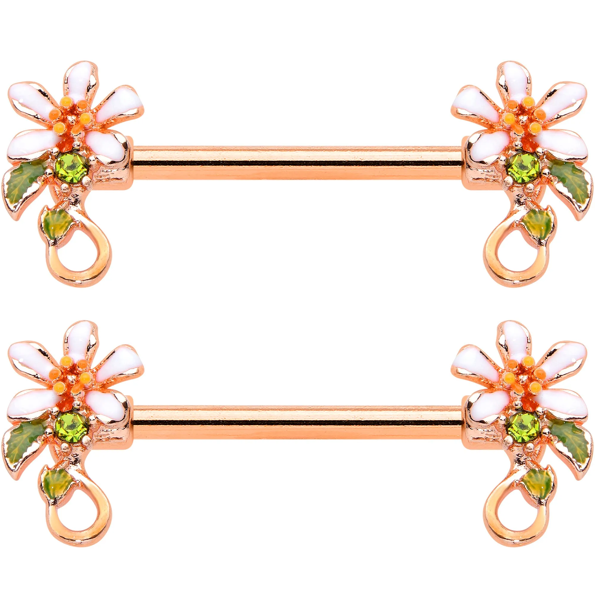 14 Gauge 9/16 Green Gem Rose Gold Tone Orange Flower Nipple Ring Set