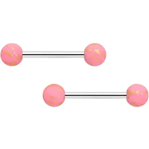 14 Gauge 9/16 Matte Pink Splatter Barbell Nipple Ring Set