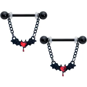 14 Gauge 9/16 Red Gem Black Bleeding Heart Bat Dangle Nipple Ring Set