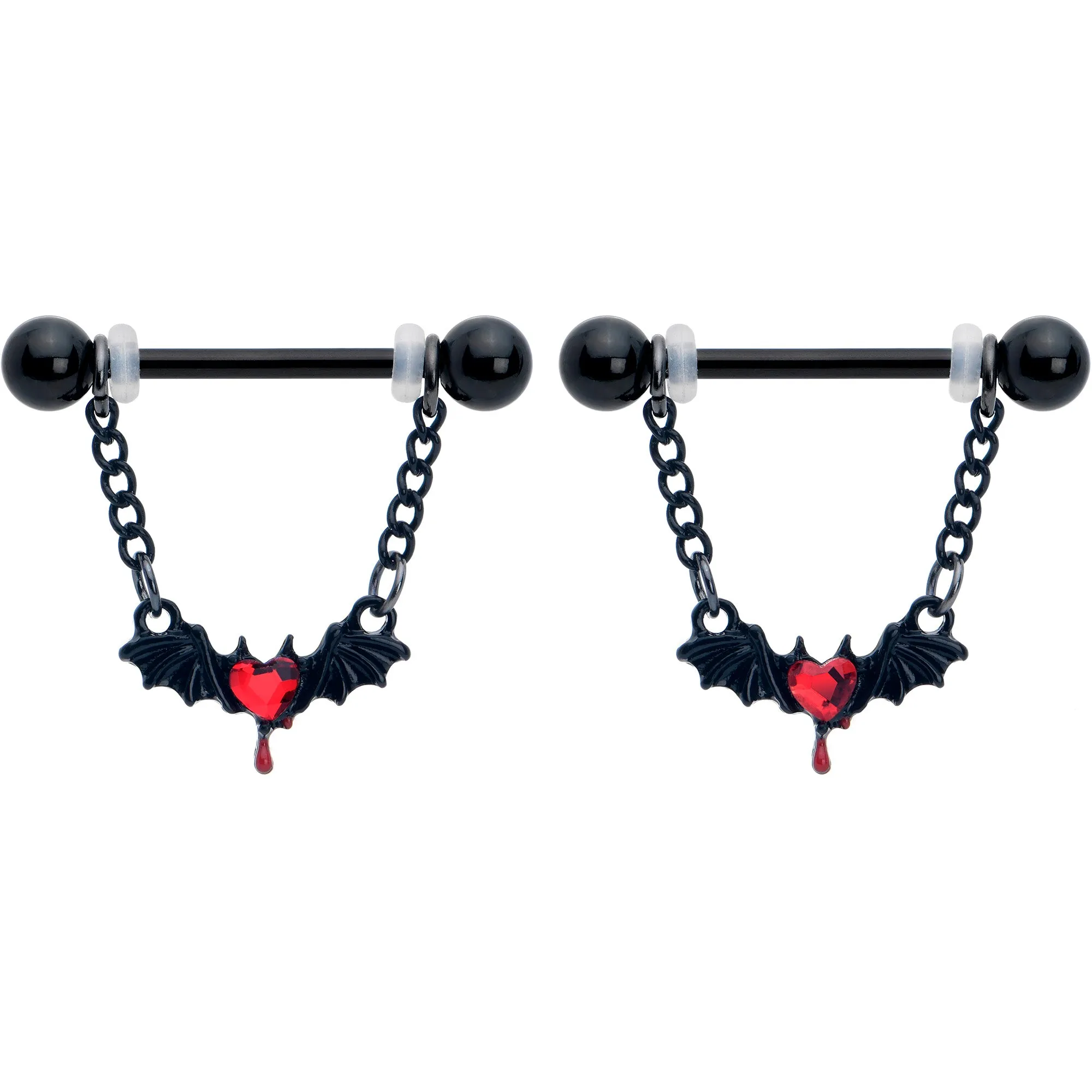 14 Gauge 9/16 Red Gem Black Bleeding Heart Bat Dangle Nipple Ring Set