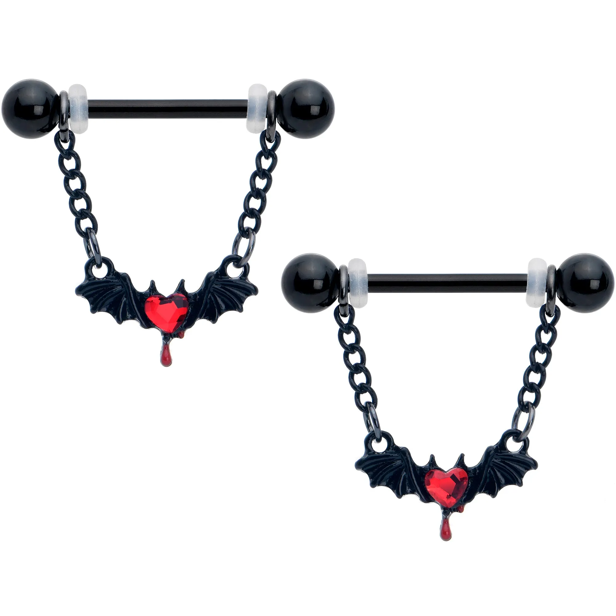 14 Gauge 9/16 Red Gem Black Bleeding Heart Bat Dangle Nipple Ring Set
