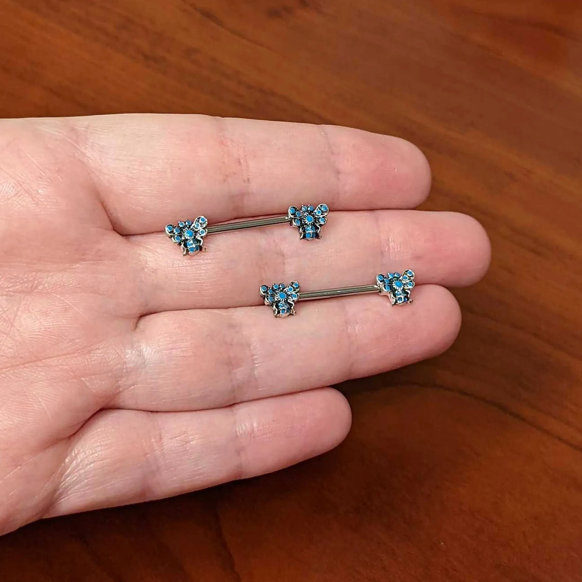 14 Gauge 9/16 Textured Blue Butterfly Barbell Nipple Ring Set