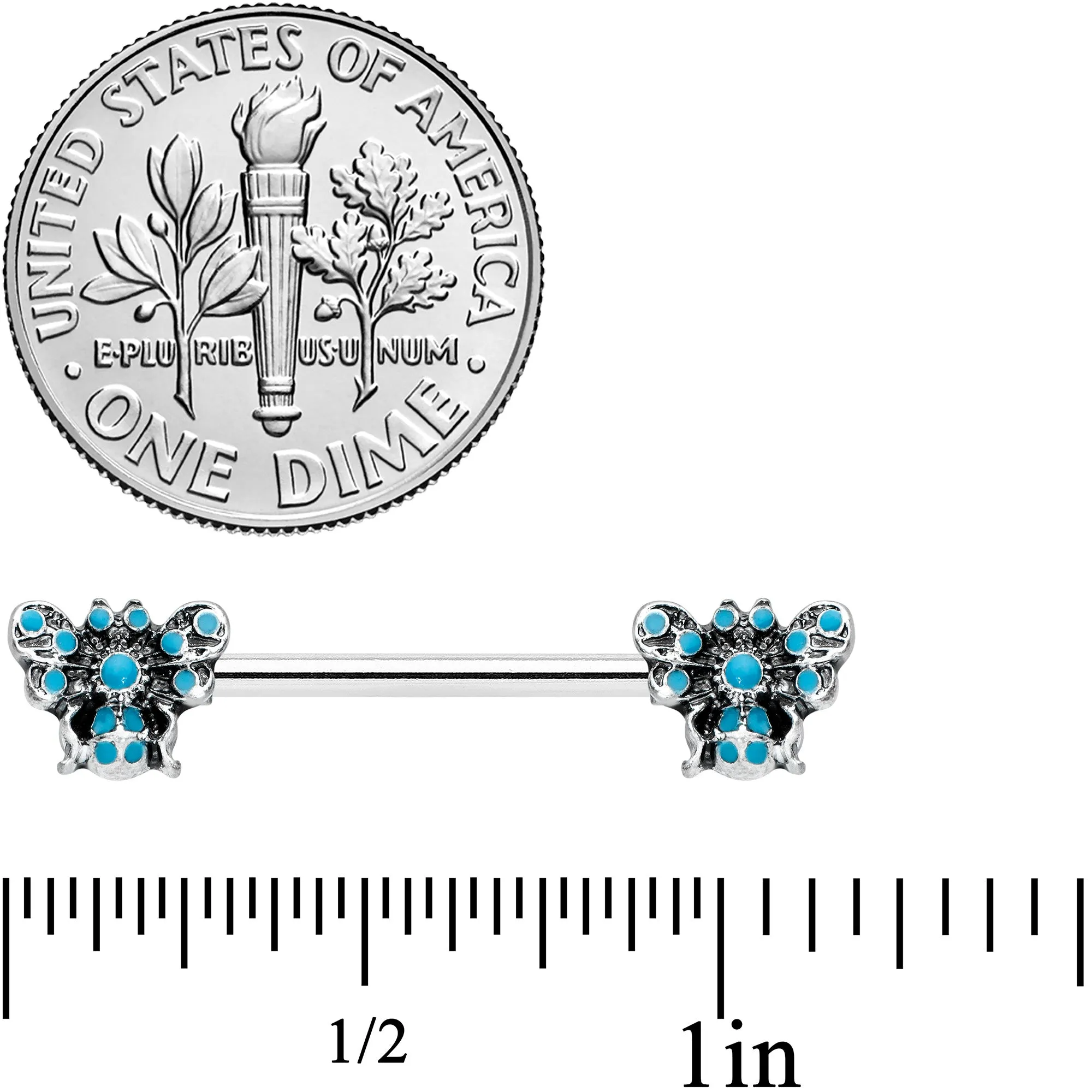 14 Gauge 9/16 Textured Blue Butterfly Barbell Nipple Ring Set