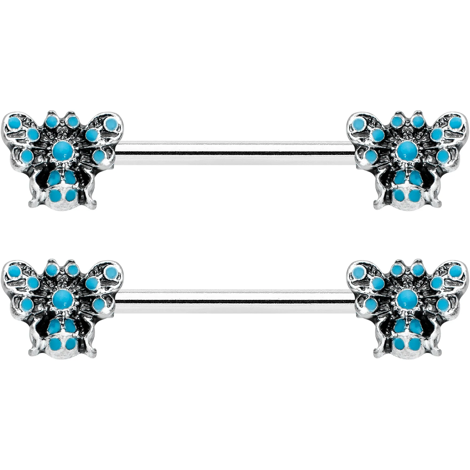 14 Gauge 9/16 Textured Blue Butterfly Barbell Nipple Ring Set