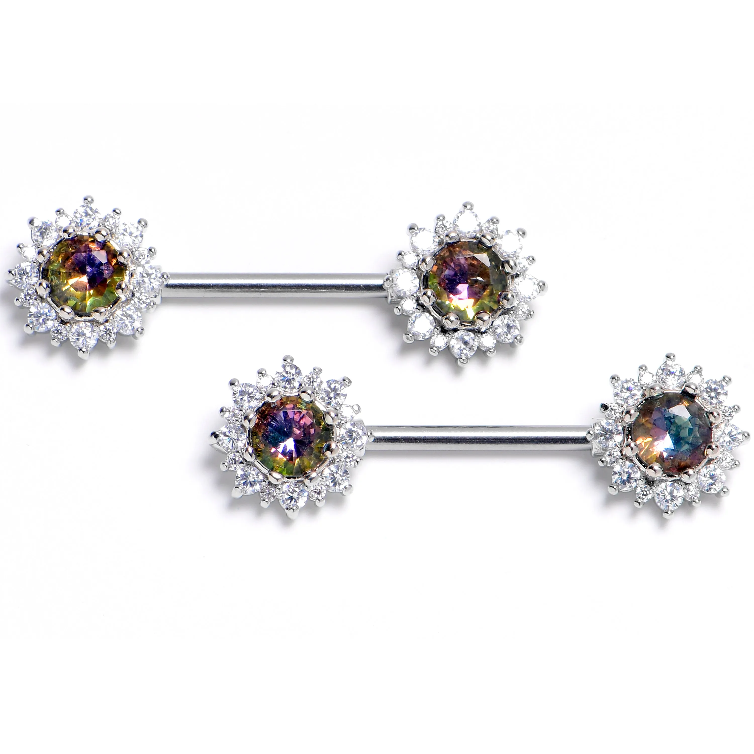 14 Gauge 9/16 Vitrail Gem Baroque Sun Barbell Nipple Ring Set