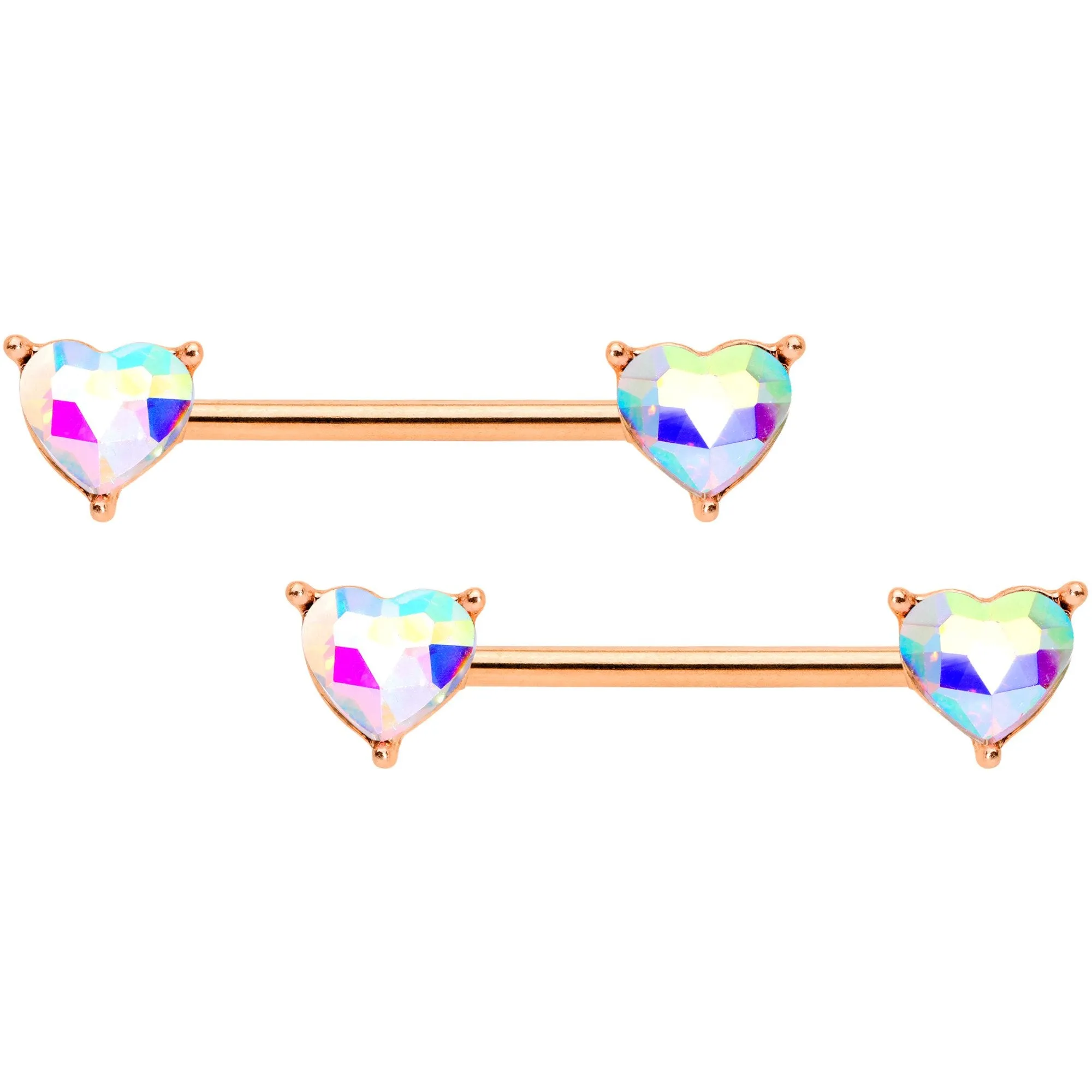 14 Gauge Aurora Gem Rose Gold Tone Heart BCR Barbell Nipple Ring Set
