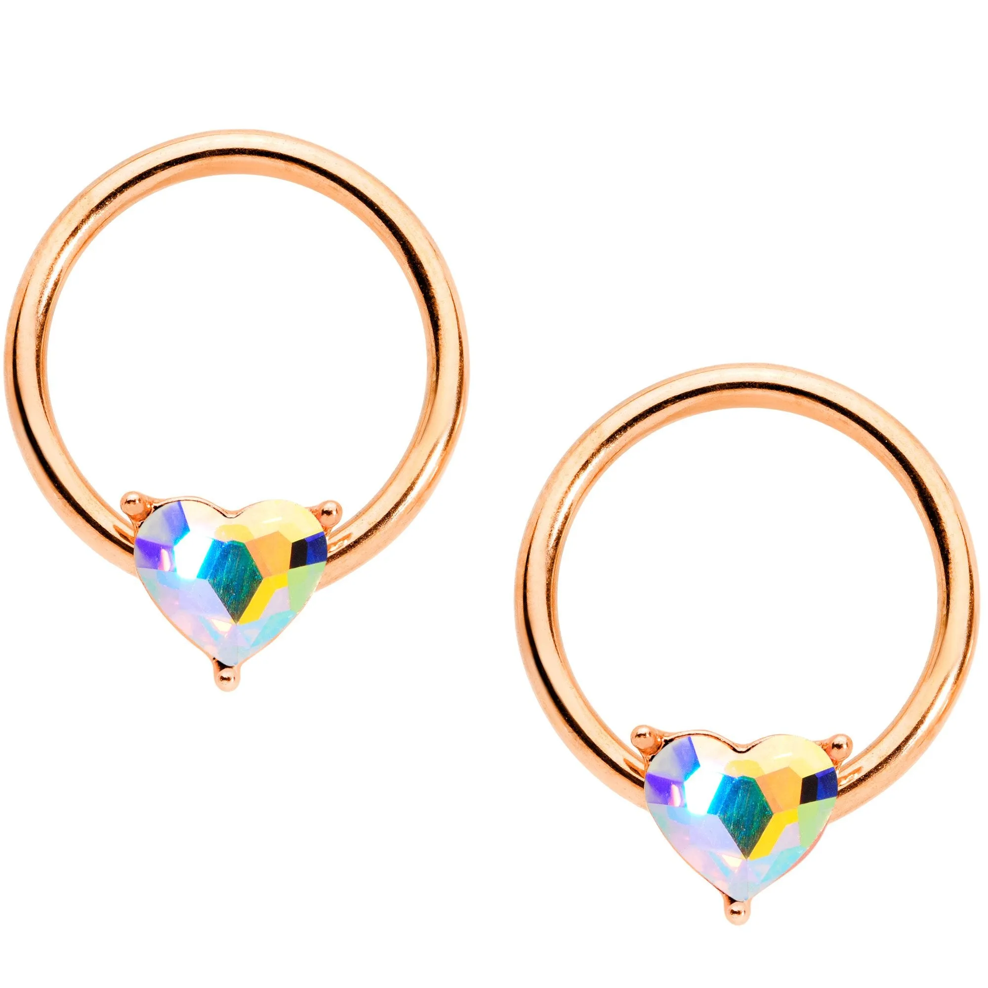14 Gauge Aurora Gem Rose Gold Tone Heart BCR Barbell Nipple Ring Set