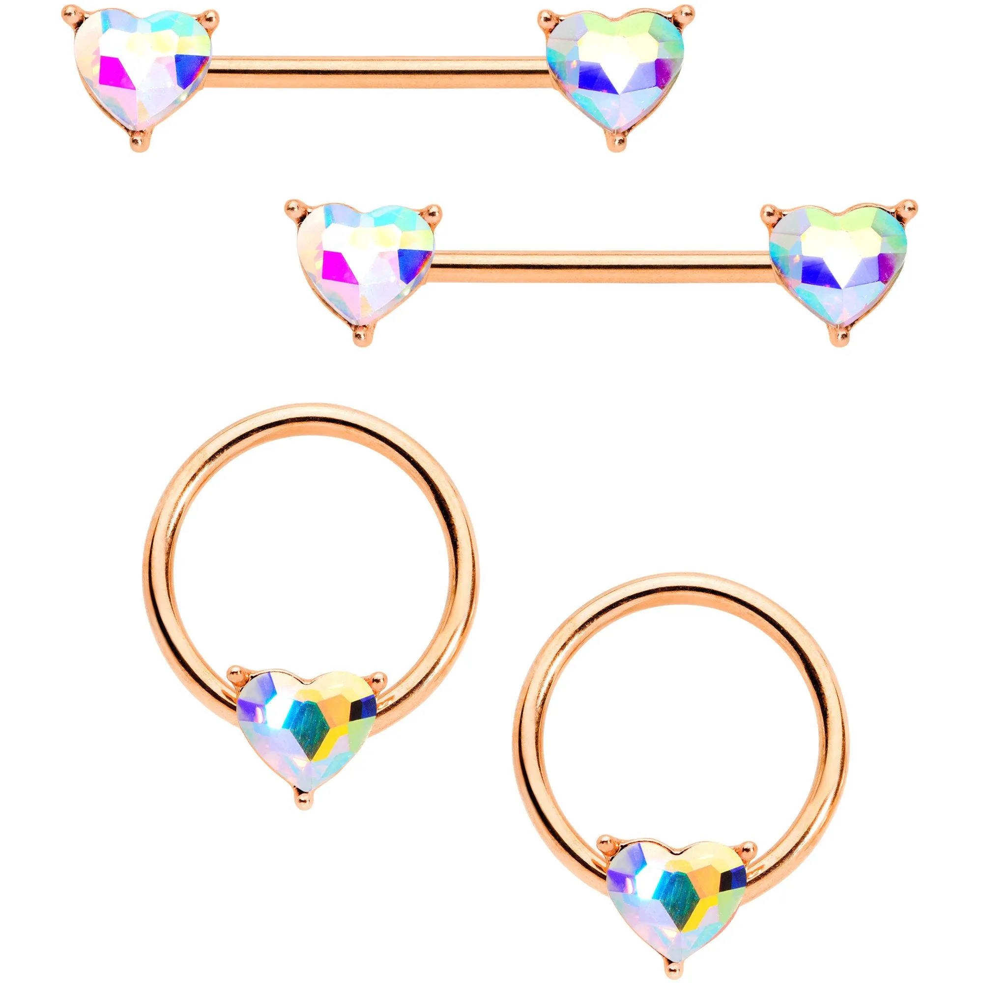 14 Gauge Aurora Gem Rose Gold Tone Heart BCR Barbell Nipple Ring Set