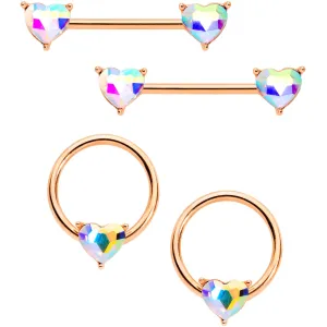 14 Gauge Aurora Gem Rose Gold Tone Heart BCR Barbell Nipple Ring Set