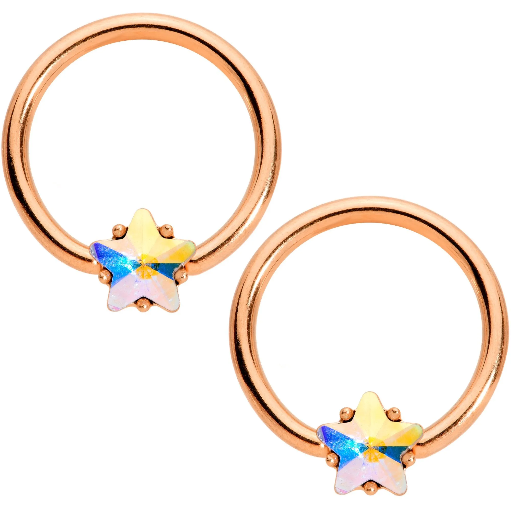 14 Gauge Aurora Star Gem Rose Gold Tone BCR Barbell Nipple Ring Set
