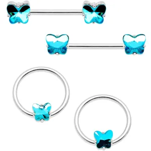 14 Gauge Blue Gem Butterfly Captive Barbell Nipple Ring Set